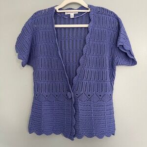 JM Collection Blue Crochet Knit Short Sleeve Cardigan PS Romantic layering boho